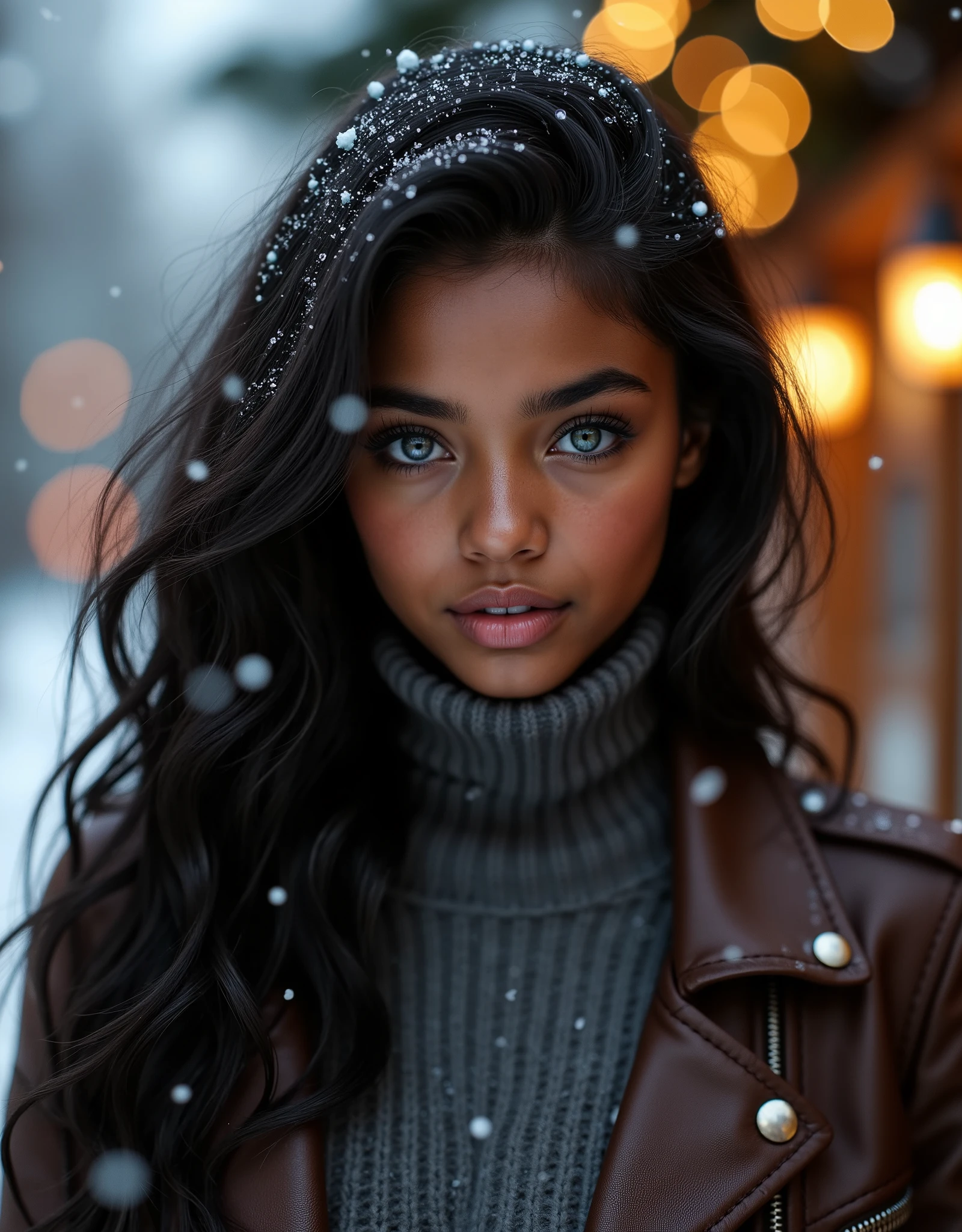 gorgeous Ebony Girl wearing a turtleneck sweater and a leather jacket, light blue jeans, dark hair, perfect blue eyes, winter, whimsical, intricate brush strokes, beautiful lighting, intricate details, Unreal Engine, creative, expressive, detailed, colorful, digital art, unique, HW*, amber twinkle lights in background, sunset, snowing