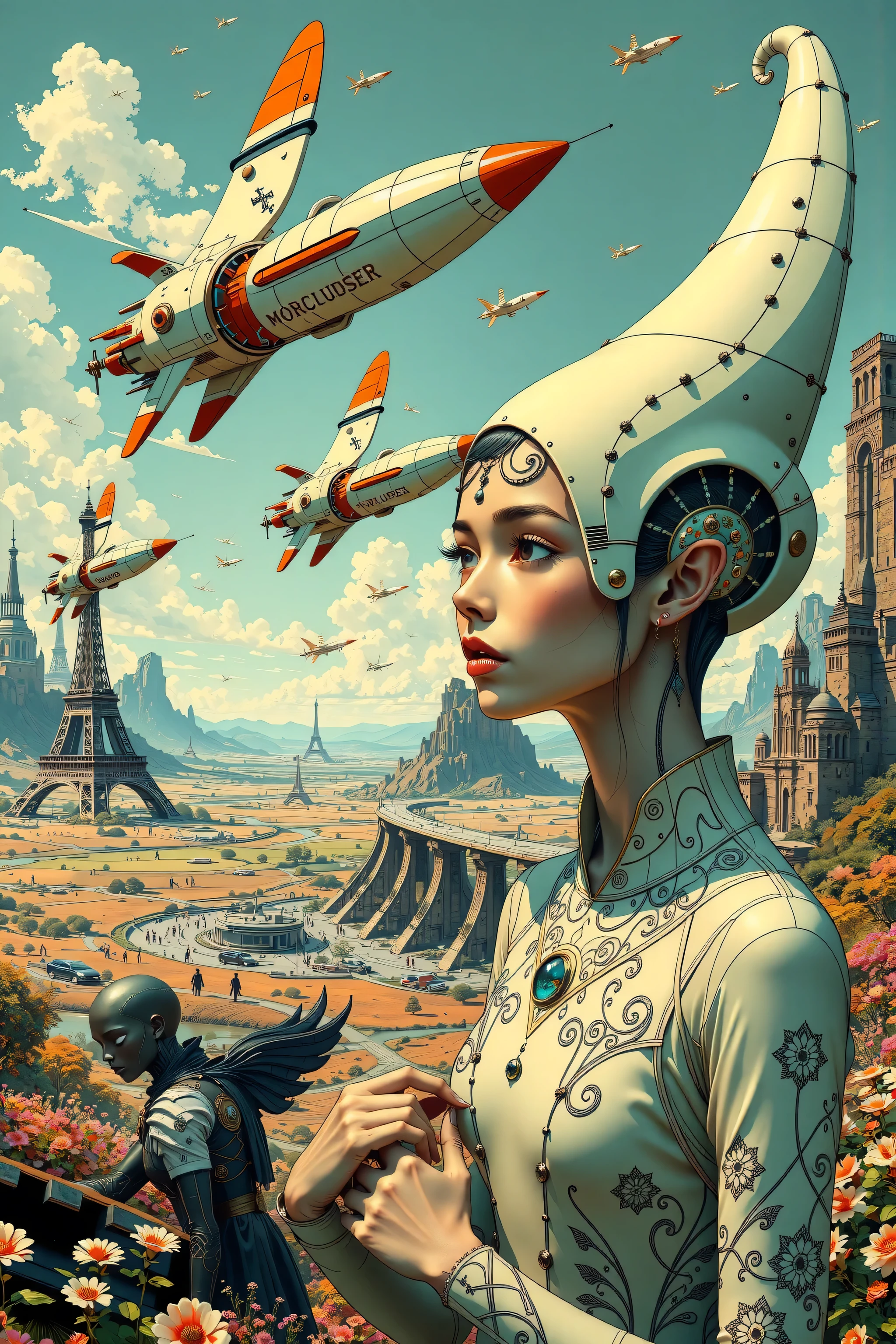 ((best quality)), ((masterpiece)), (detailed), perfect face, surreal, art nouveau, in the illustrative style of moebius, spaceships, aliens, fantasy, sci-fi, graphic novel, line drawing, french retro,