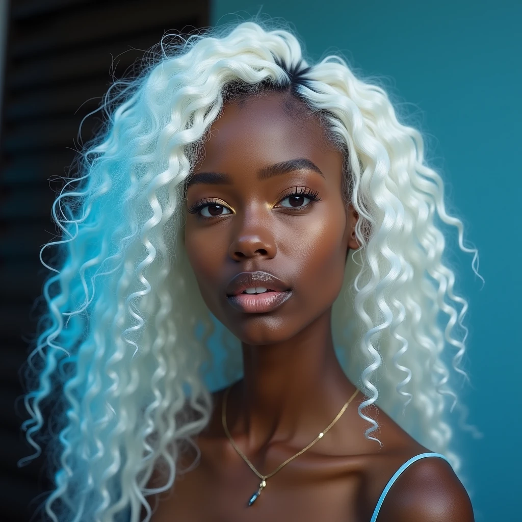 masterpiece, best quality, beautiful 19 year old, brown skin female, long curly white hair, perfect face