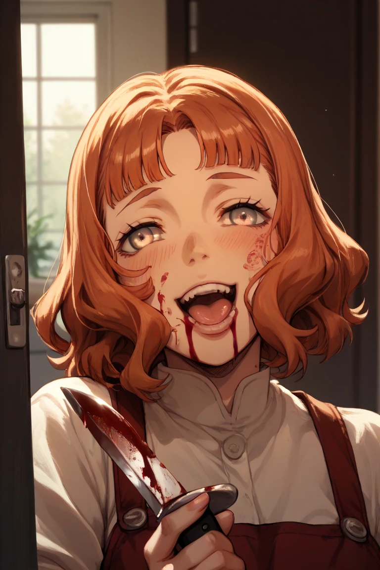  Yandere Mimosa Vermillon broking through a door with an axe, facing the camera, blood on face, Yandere smile, laughing, holding a big kitchen knife dripping with blood