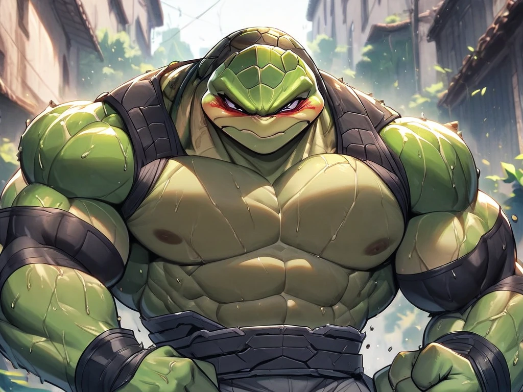 Young man mutating into a bodybuilder Ninja turtle