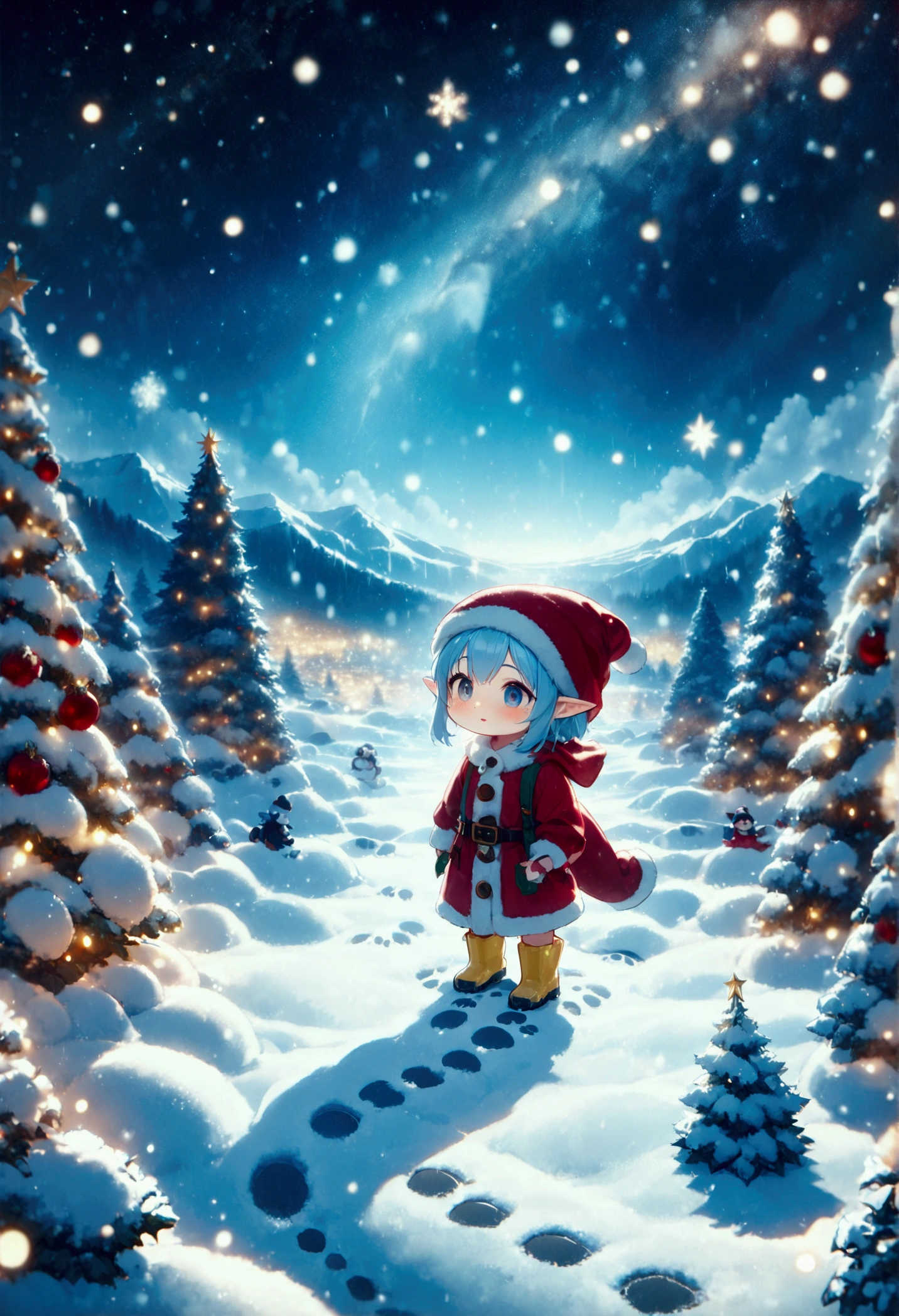 3elf\(Cute, (chibi:1.3), fairy elf, living on the snow,Decorating the Christmas tree.\), in the (Christmas:1.3) forest, beautiful ornaments,ChristmasWintery, snowy starry night, (many rainboots footprints:1.4). BREAK .quality\(8k,wallpaper of extremely detailed CG unit, high resolution, top-quality, top-quality real texture skin, hyper realistic, increase the resolution, RAW photos, best quality, highly detailed, the wallpaper, golden ratio, high saturation realism, vibrant colors, dramatic lighting, persuasive storytelling, atmospheric scenery, captivating visuals, intricate details, strong emotions, dreamlike world\),landscape,,(from above:1.4)