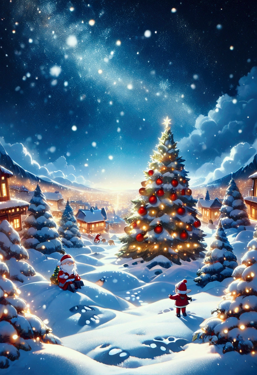 3elf\(Cute, (chibi:1.3), fairy elf, living on the snow,Decorating the Christmas tree.\), in the (Christmas:1.3) forest, beautiful ornaments,ChristmasWintery, snowy starry night, (many rainboots footprints:1.4). BREAK .quality\(8k,wallpaper of extremely detailed CG unit, high resolution, top-quality, top-quality real texture skin, hyper realistic, increase the resolution, RAW photos, best quality, highly detailed, the wallpaper, golden ratio, high saturation realism, vibrant colors, dramatic lighting, persuasive storytelling, atmospheric scenery, captivating visuals, intricate details, strong emotions, dreamlike world\),landscape,,(from above:1.4)