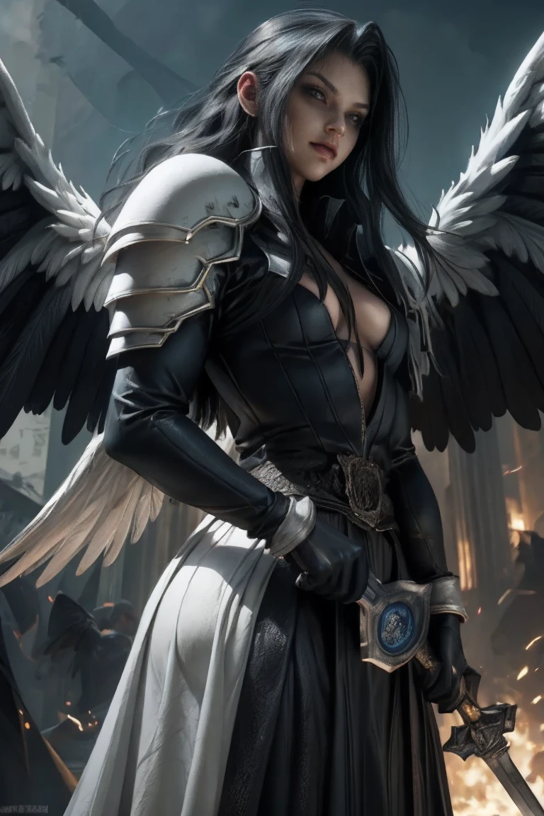 a woman in armor holding a sword and a sword, angel knight gothic girl, villainess has black angel wings, detailed fantasy art, angel knight girl, epic fantasy art style hd, 4k fantasy art, dark armor, stunning armor, hd fantasy art, deathknight, 8k fantasy art, highly detailed fantasy art, wow 4 k detail fantasy, dark angel