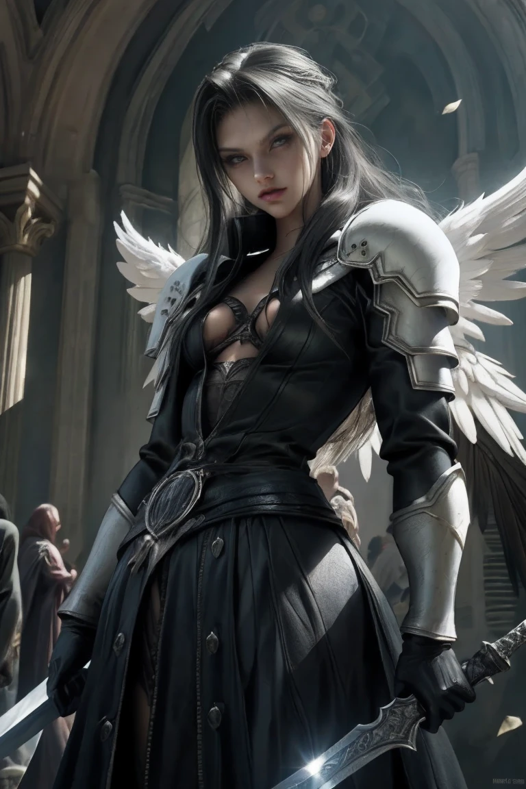 a woman in armor holding a sword and a sword, angel knight gothic girl, villainess has black angel wings, detailed fantasy art, angel knight girl, epic fantasy art style hd, 4k fantasy art, dark armor, stunning armor, hd fantasy art, deathknight, 8k fantasy art, highly detailed fantasy art, wow 4 k detail fantasy, dark angel