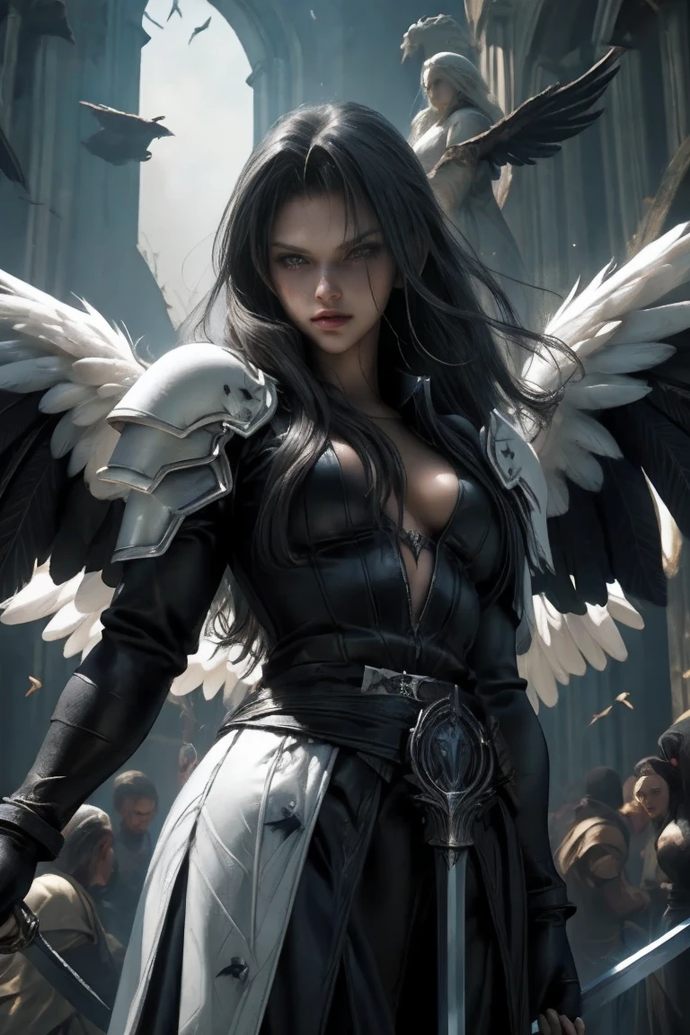 a woman in armor holding a sword and a sword, angel knight gothic girl, villainess has black angel wings, detailed fantasy art, angel knight girl, epic fantasy art style hd, 4k fantasy art, dark armor, stunning armor, hd fantasy art, deathknight, 8k fantasy art, highly detailed fantasy art, wow 4 k detail fantasy, dark angel