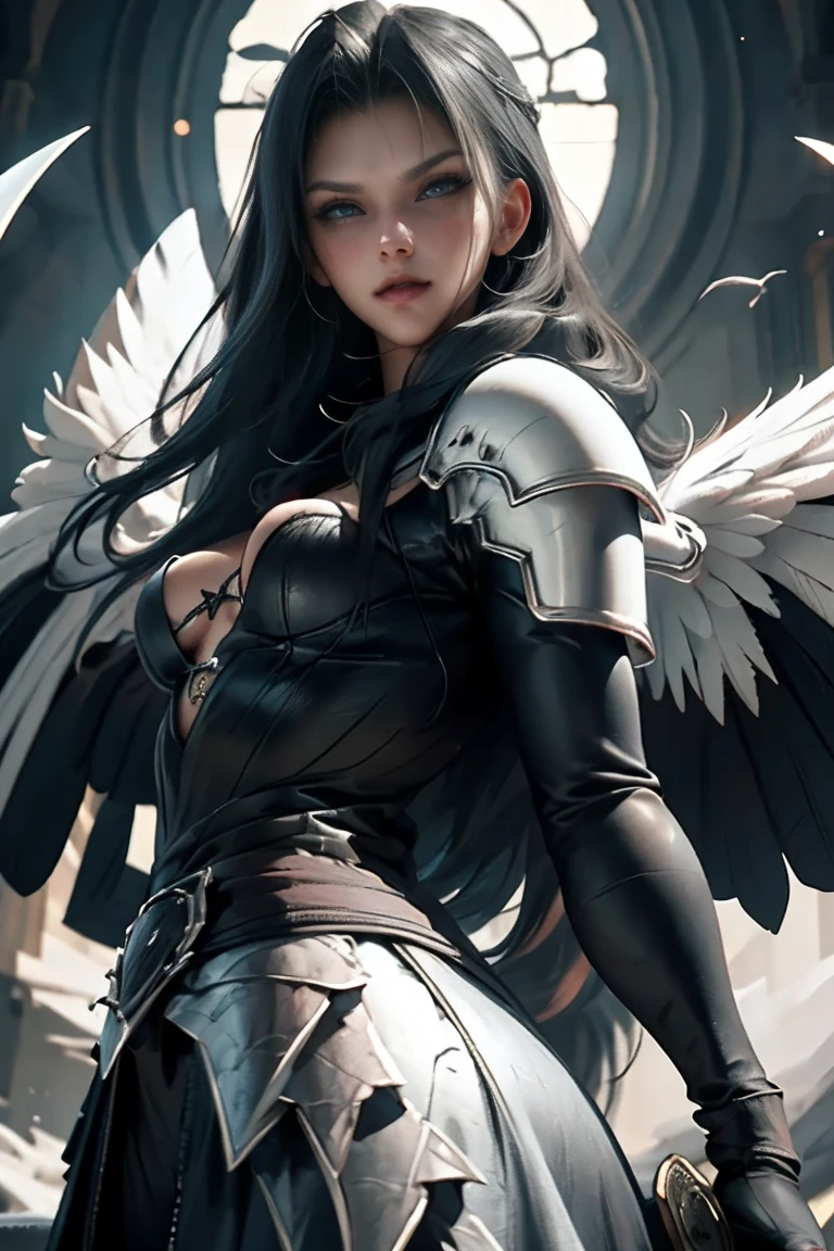 a woman in armor holding a sword and a sword, angel knight gothic girl, villainess has black angel wings, detailed fantasy art, angel knight girl, epic fantasy art style hd, 4k fantasy art, dark armor, stunning armor, hd fantasy art, deathknight, 8k fantasy art, highly detailed fantasy art, wow 4 k detail fantasy, dark angel