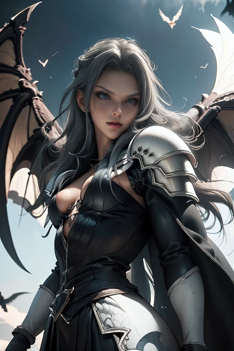 a woman in armor holding a sword and a sword, angel knight gothic girl, villainess has black angel wings, detailed fantasy art, angel knight girl, epic fantasy art style hd, 4k fantasy art, dark armor, stunning armor, hd fantasy art, deathknight, 8k fantasy art, highly detailed fantasy art, wow 4 k detail fantasy, dark angel