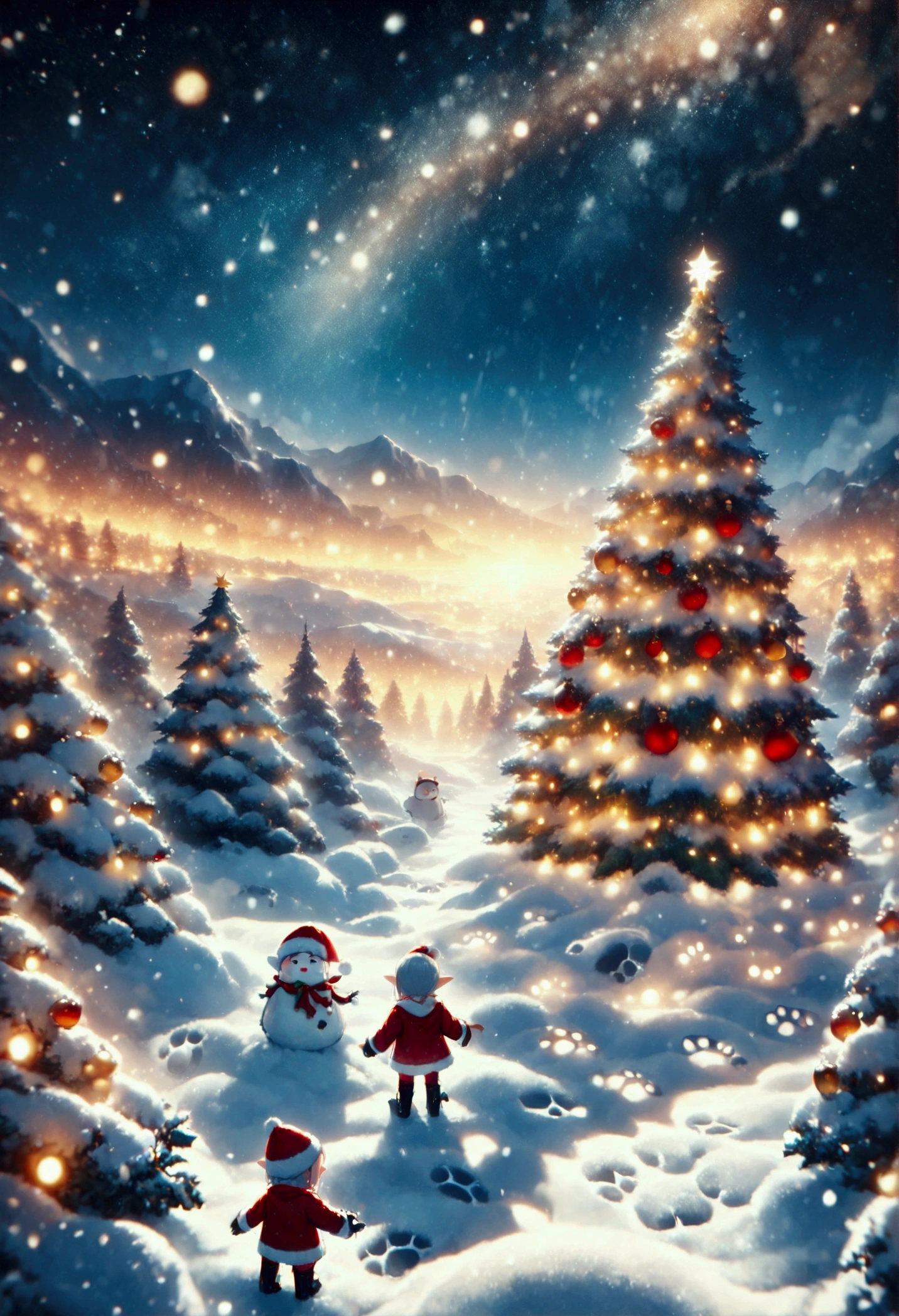 3elf\(Cute, (chibi:1.3), fairy elf, living on the snow,Decorating the Christmas tree.\), in the (Christmas:1.3) forest, beautiful ornaments,ChristmasWintery, snowy starry night, (many rainboots footprints:1.4). BREAK .quality\(8k,wallpaper of extremely detailed CG unit, high resolution, top-quality, top-quality real texture skin, hyper realistic, increase the resolution, RAW photos, best quality, highly detailed, the wallpaper, golden ratio, high saturation realism, vibrant colors, dramatic lighting, persuasive storytelling, atmospheric scenery, captivating visuals, intricate details, strong emotions, dreamlike world\),landscape,,(from above:1.4)