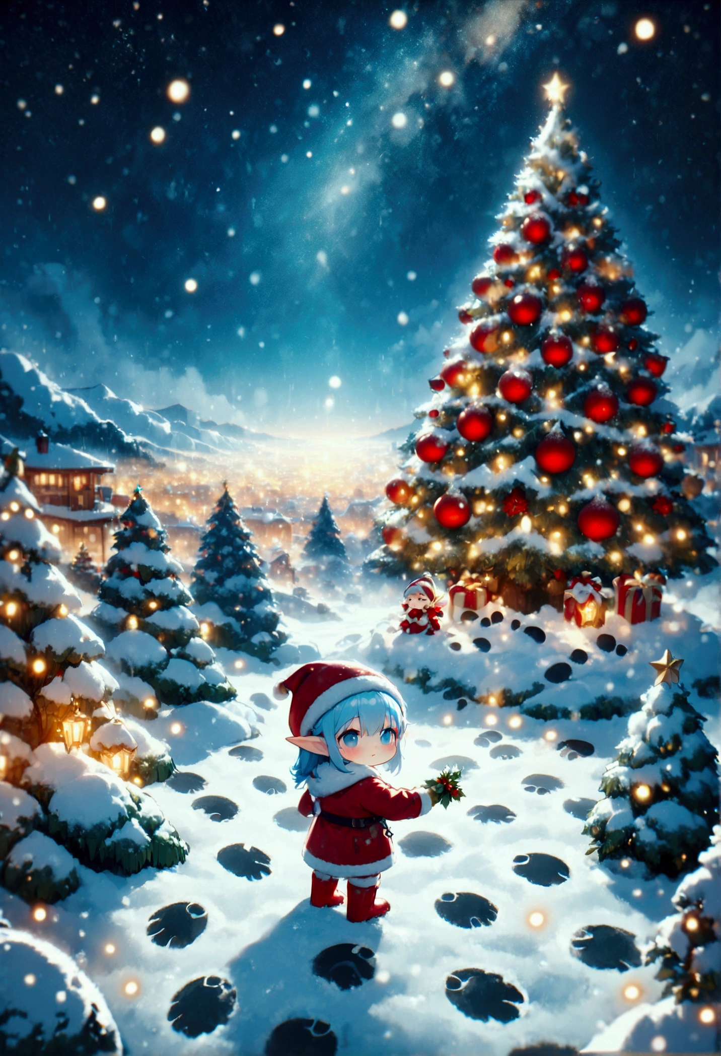 3elf\(Cute, (chibi:1.3), fairy elf, living on the snow,Decorating the Christmas tree.\), in the (Christmas:1.3) forest, beautiful ornaments,ChristmasWintery, snowy starry night, (many rainboots footprints:1.4). BREAK .quality\(8k,wallpaper of extremely detailed CG unit, high resolution, top-quality, top-quality real texture skin, hyper realistic, increase the resolution, RAW photos, best quality, highly detailed, the wallpaper, golden ratio, high saturation realism, vibrant colors, dramatic lighting, persuasive storytelling, atmospheric scenery, captivating visuals, intricate details, strong emotions, dreamlike world\),landscape,,(from above:1.4)