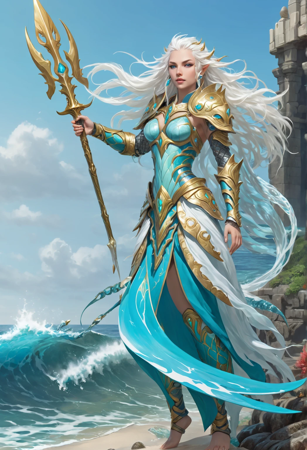 rpg style, digital painting art style, concept art style, full-body, fantasy, standing on a rock, sea elf female, tall and slender, athletic figure, muscled build, long limbs, long arms, long legs, muscled arms, visible six-pack, visible biceps, toned, big muscles, beefy, ripped, white long wavy hair, yellow eyes, shark like teeth, sharp teeth, neck gills like fish, webbed fingers, webbing between fingers, sharp fingernails, fin like pointed ears, turquoise blue skin, gladiator armor, holding trident in one hand, holding gladiator fishing long net in the other hand, scale like armor, seashell spaulder, coral diadem, sea background, ocean wave splash background