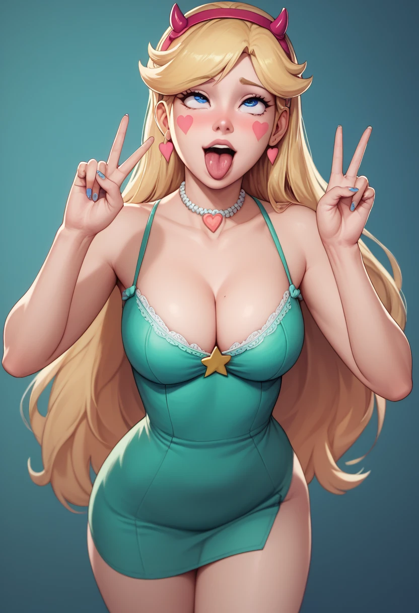 Star Butterfly, 1 girl, long blonde hair, tiara, blue colored eyes, green dress, ahegao, Tilt your head, cowboy shot, breasts big, (cleavage showing), bare thighs, nice legs, front, peace sign, 1 girl, standing alone, gazing at viewer, all-body, pose, best quality, no flaws