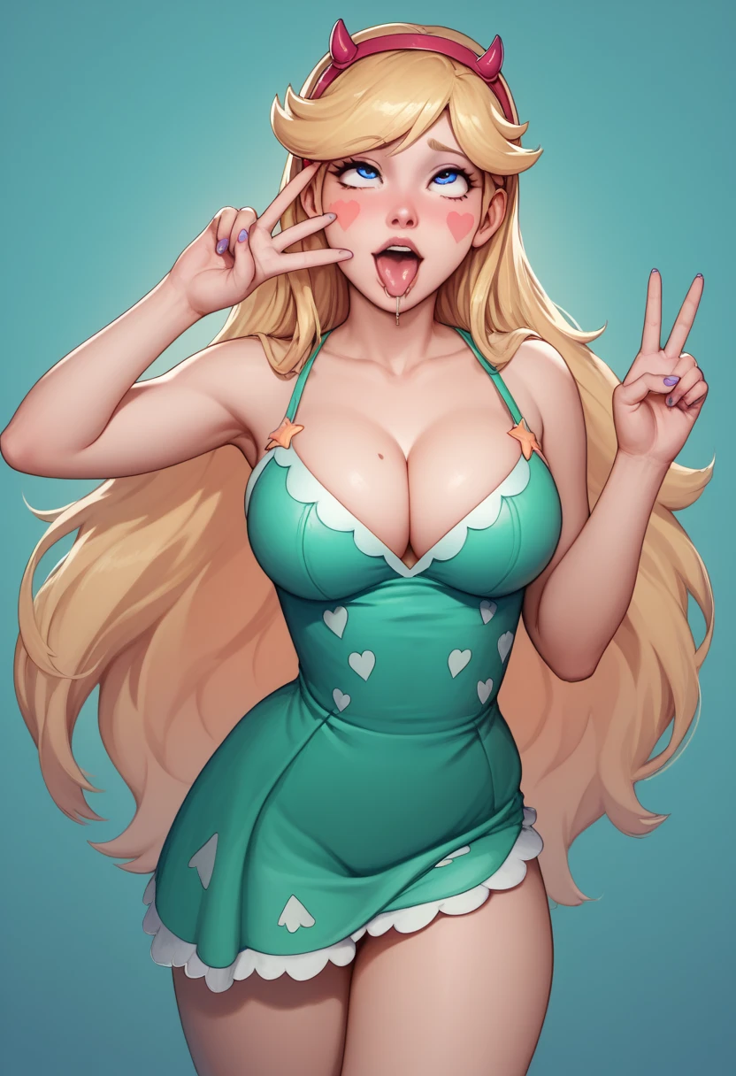 Star Butterfly, 1 girl, long blonde hair, tiara, blue colored eyes, green dress, ahegao, Tilt your head, cowboy shot, breasts gigantic, (cleavage showing), bare thighs, nice legs, front, peace sign, 1 girl, standing alone, gazing at viewer, all-body, pose, best quality, no flaws, drooling