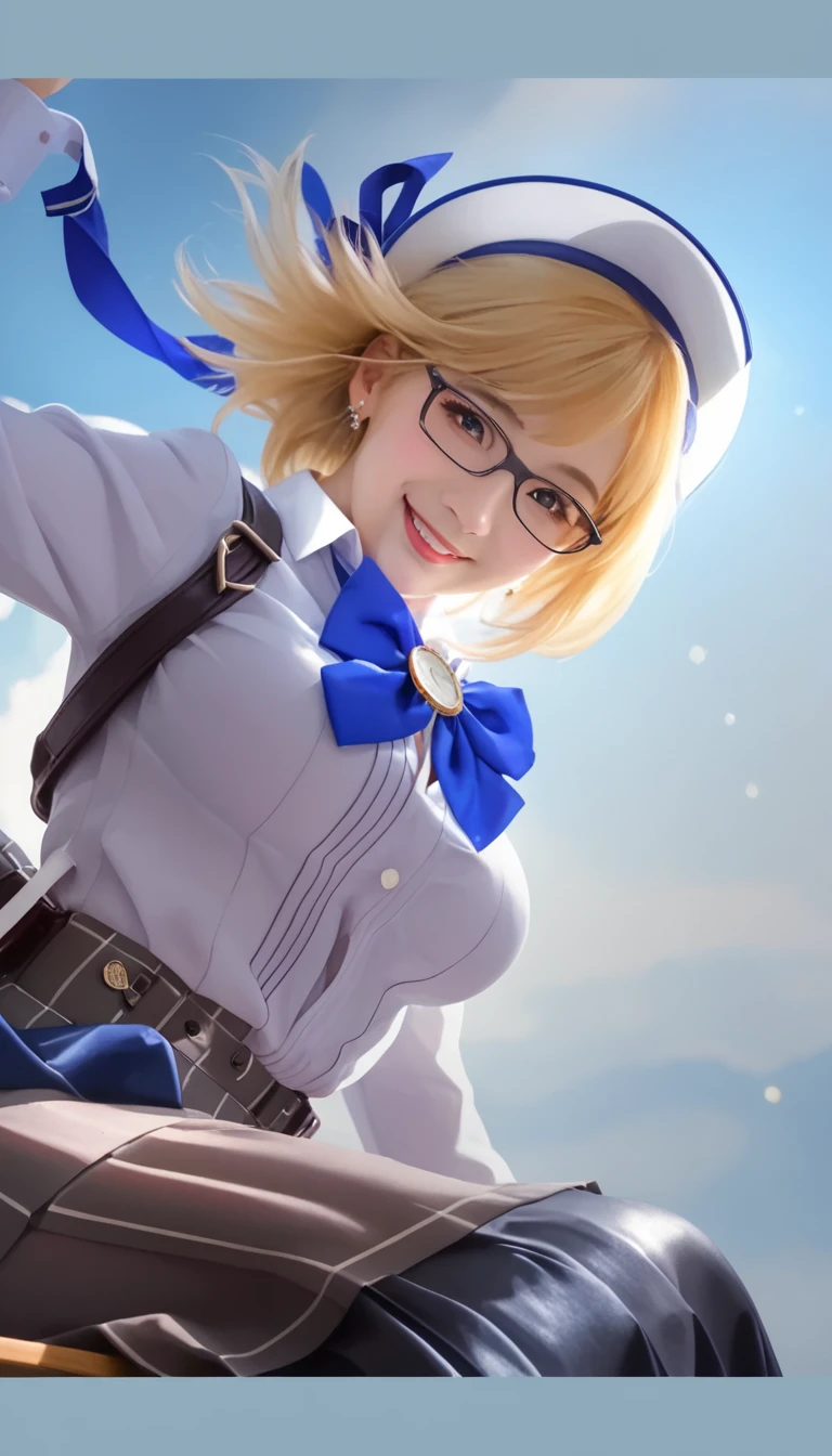 (8k, RAW photo, best quality, masterpiece: 1.2), realistic, ((photorealistic:1.7)), 1girl, glasses, hat, blonde hair, blue bow, blue ribbon, solo, sky, breasts, outdoors, beret, blue sky, weapon, day, short hair, long sleeves, looking at viewer, medium breasts, bangs, shirt, skirt, bow, realistic, ribbon, cloud, lips, white shirt, blue skirt, (blush, lovely face)