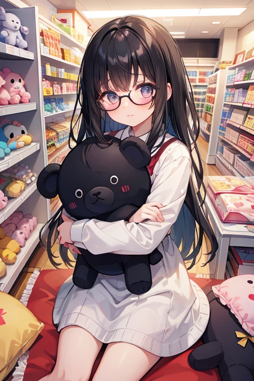  black hair , Glasses, cute, Large stuffed animal, Plush toy store, girl holding a stuffed animal