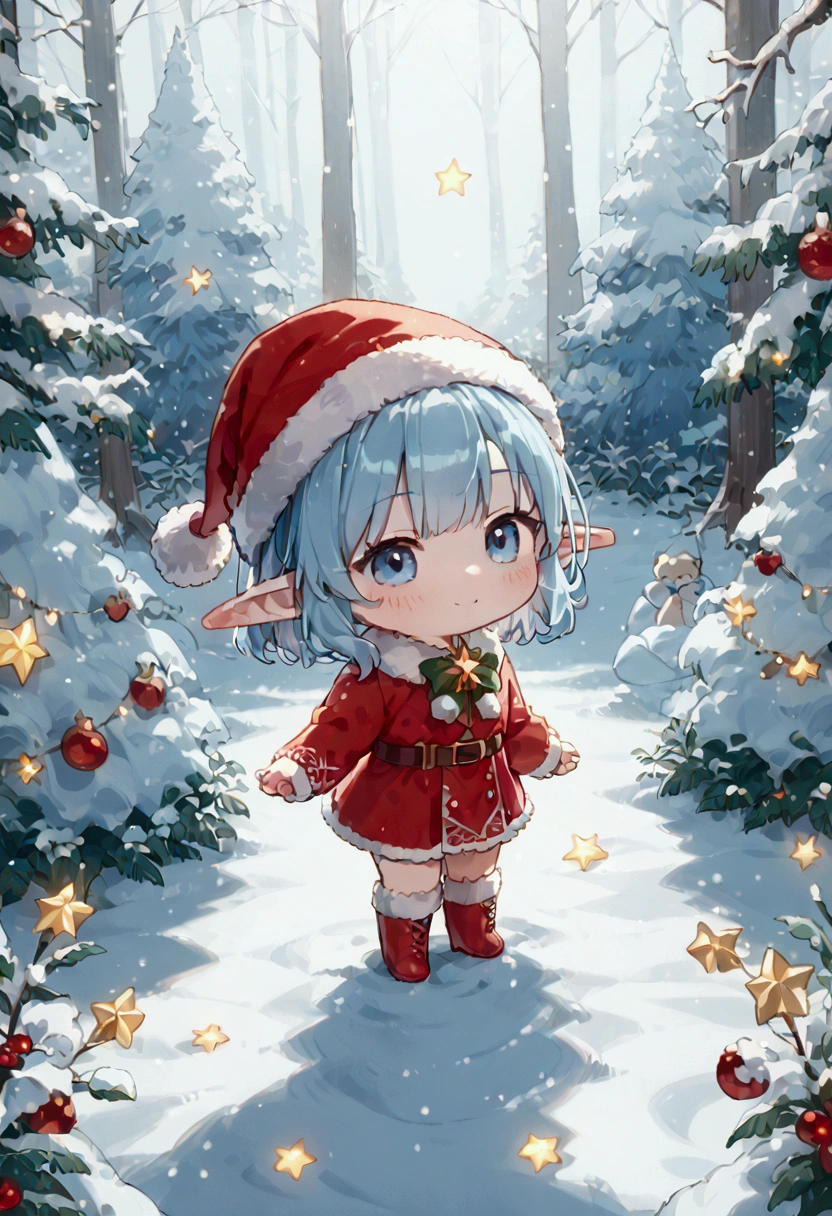 6+elf\(Cute, (chibi:1.3), fairy elf, living on the snow,Decorating huge Christmas tree.\), in the (Christmas:1.3) forest, beautiful ornaments,ChristmasWintery, snowy starry night, (many rainboots footprints:1.4).score_9, score_8_up, score_7_up, score_6_up, score_5_up, score_4_up, source_anime,source_furry,rating_safe,rating_questionable,masterpiece, best quality, perfect anatomy , very aesthetic , absurdres,landscape,,(from above:1.4)