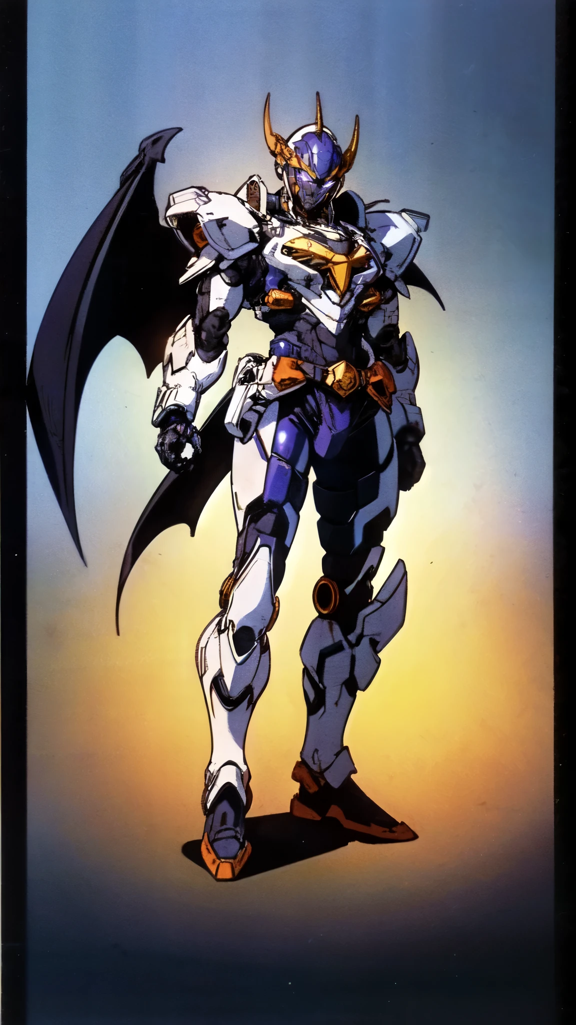 (masterpiece:1.5, best quality:1.5, extremely delicate:1.5), ((male:1.5)), a man wearing a full-face helmet, high-tech biomimetic armored combat suit, (a composite layered chest armor), the design balances heavy with agility, fully enclosed shoulder guards, matching arm and leg guards, a belt of gemstone, (the color scheme is primarily Red with Purple and Yellow accents, Organic Biotech, Concept Inspired by Vampire, glowing eyes, armor glows, huge cloak like devil wings, blood), stand of a futuristic sci-fi city, this character embodies a finely crafted fantasy-style armored hero in anime style, exquisite and mature art style, metallic, high definition, highres, ultra-detailed, ultra-fine painting, professional, perfect body proportions, golden ratio, anatomically correct, symmetrical face, extremely detailed eyes and face, high quality eyes, creativity, RAW photo, UHD, 32k, Natural light, cinematic lighting, (masterpiece-anatomy-perfect:1.2)