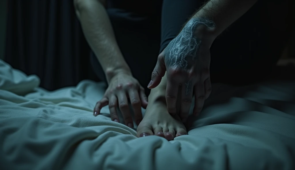 A life-sized demon hand slowly descending toward a female navel on a slim naked sweaty female body on a bed. The hand should be highly detailed and realistic, with its demon scales and delicate body clearly visible. The female navel should be in focus, with sharp details such as the navel and the texture of the stomach. The scene should convey a sense of closeness and tension, capturing the moment as the demon hand approaches the navel. She is naked, sweaty. busty boobs, slim waist. Zoomed out shot. Full body view, sweaty body, pubic hair, highly realistic, high details, high details