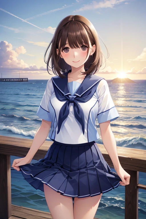very cute and beautiful girl,(highly detailed beautiful face and eyes:1.2),sailor school uniform,(navy blue pleated mini skirt),
(skirt lift,white panties),dynamic angle,smile,looking at viewer,black hair,
antique hotel bedroom,gorgeous furnitures,balcony,ocean view,
(best quality,masterpiece:1.2),intricate details,extremely detailed,8k resolution,solo,natural lighting,
hair fluttering in the wind,beautiful detailed sky,