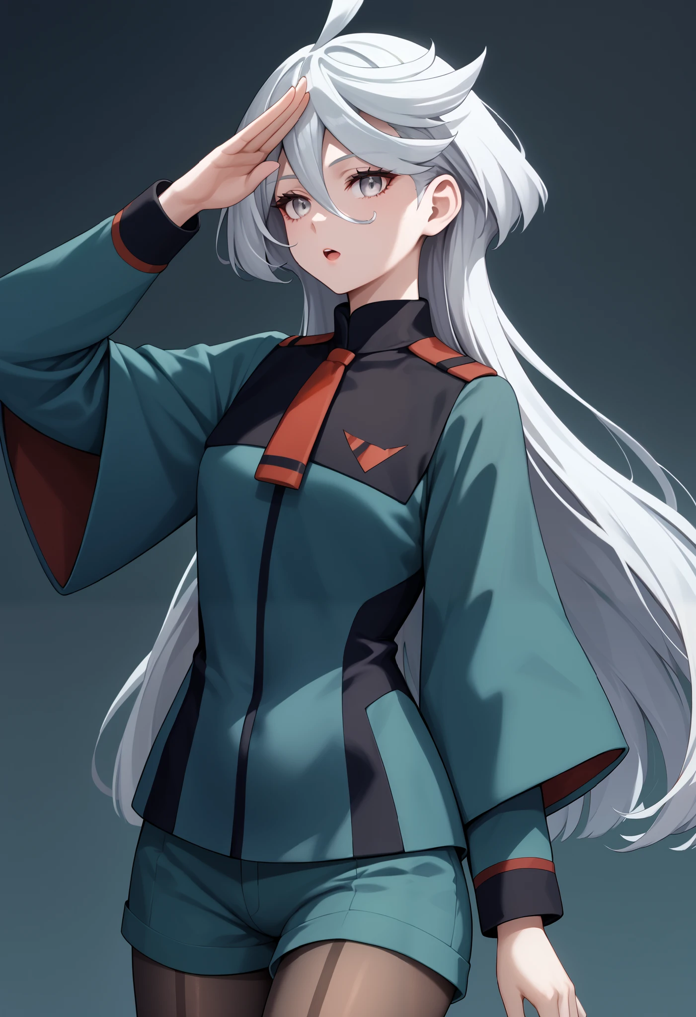 score_9, score_8_up, score_7_up, score_6_up, source_anime, 1 girl, miorine rembran, ahoge, grey eyes, grey hair, hair between eyes, long hair, swept bangs, asticassia school uniform, front-seamed legwear, green jacket, green shorts, jacket, long sleeves, pantyhose, pantyhose under shorts, school uniform, seamed legwear, shorts, shoulder boards, wide sleeves, salute, expressionless, void eyes, opened mouth,cowboy shot,simple background,dutch angle