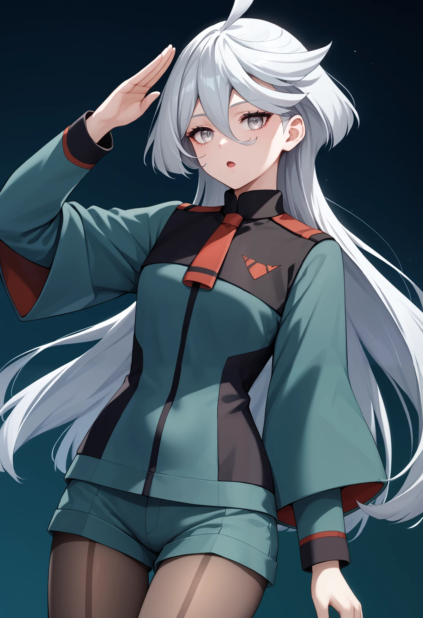 score_9, score_8_up, score_7_up, score_6_up, source_anime, 1 girl, miorine rembran, ahoge, grey eyes, grey hair, hair between eyes, long hair, swept bangs, asticassia school uniform, front-seamed legwear, green jacket, green shorts, jacket, long sleeves, pantyhose, pantyhose under shorts, school uniform, seamed legwear, shorts, shoulder boards, wide sleeves, salute, expressionless, void eyes, opened mouth,cowboy shot,simple background,dutch angle