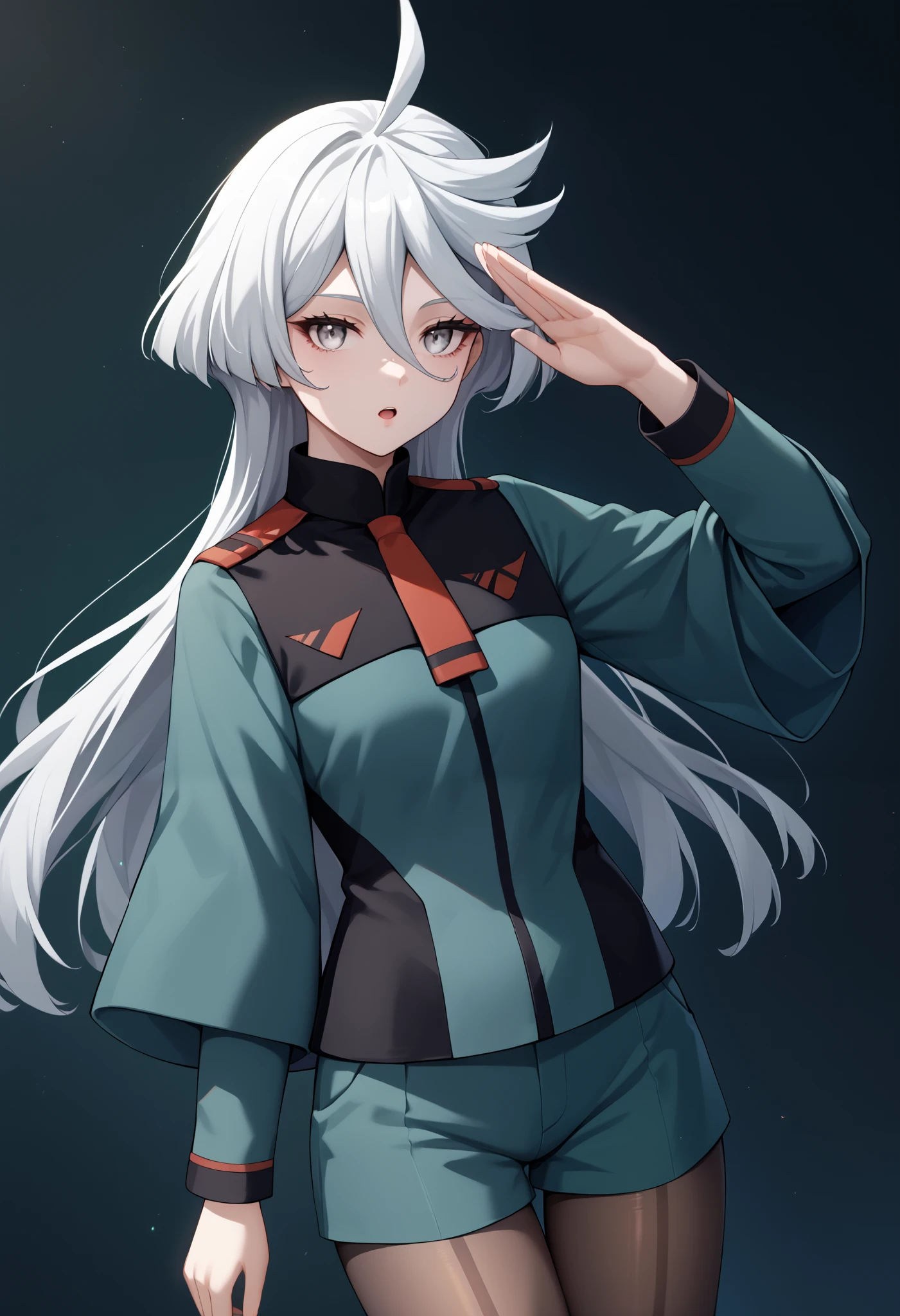 score_9, score_8_up, score_7_up, score_6_up, source_anime, 1 girl, miorine rembran, ahoge, grey eyes, grey hair, hair between eyes, long hair, swept bangs, asticassia school uniform, front-seamed legwear, green jacket, green shorts, jacket, long sleeves, pantyhose, pantyhose under shorts, school uniform, seamed legwear, shorts, shoulder boards, wide sleeves, salute, expressionless, void eyes, opened mouth,cowboy shot,simple background,dutch angle