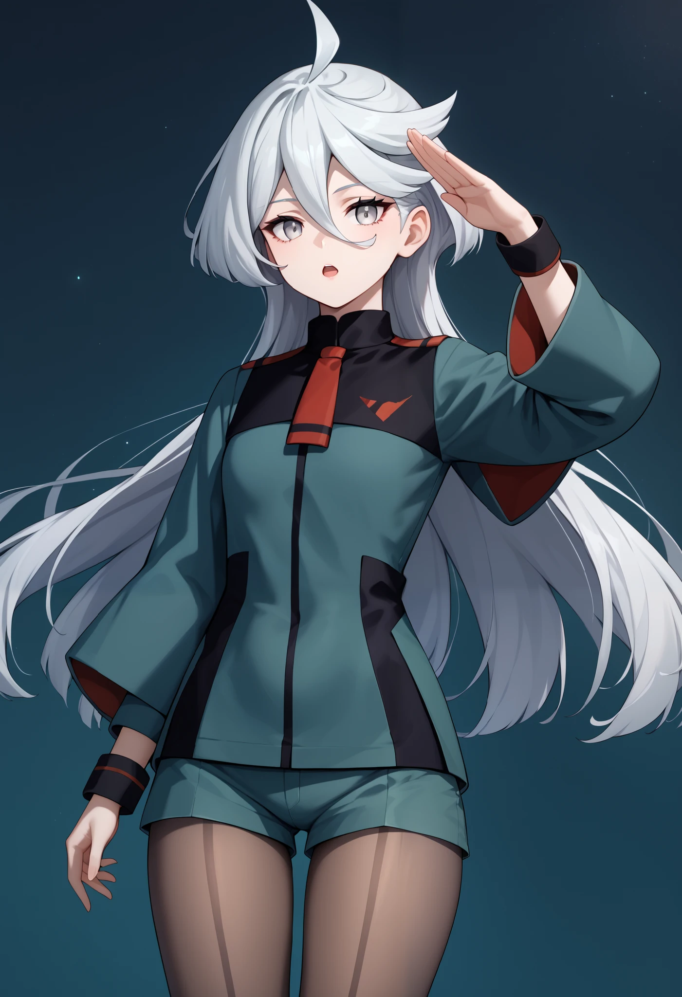 score_9, score_8_up, score_7_up, score_6_up, source_anime, 1 girl, miorine rembran, ahoge, grey eyes, grey hair, hair between eyes, long hair, swept bangs, asticassia school uniform, front-seamed legwear, green jacket, green shorts, jacket, long sleeves, pantyhose, pantyhose under shorts, school uniform, seamed legwear, shorts, shoulder boards, wide sleeves, salute, expressionless, void eyes, opened mouth,cowboy shot,simple background,dutch angle
