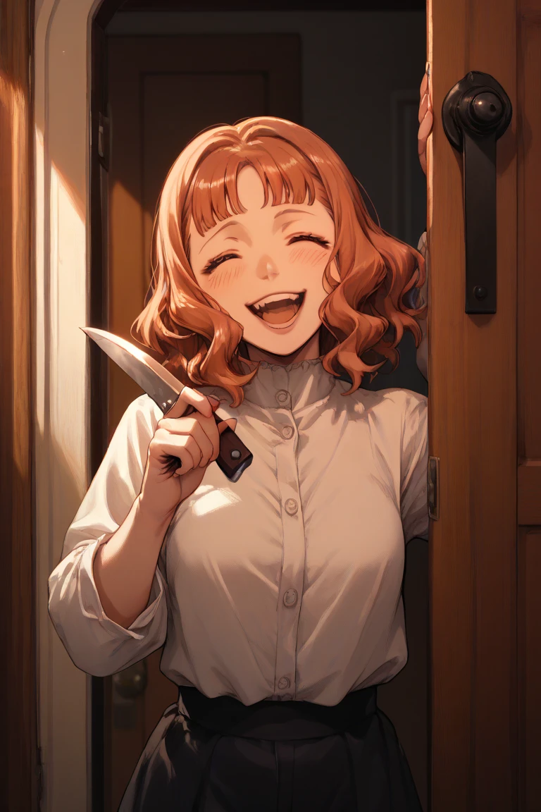  Yandere Mimosa Vermillon broking through a door with an axe, facing the camera, Yandere smile, laughing, holding a big knife