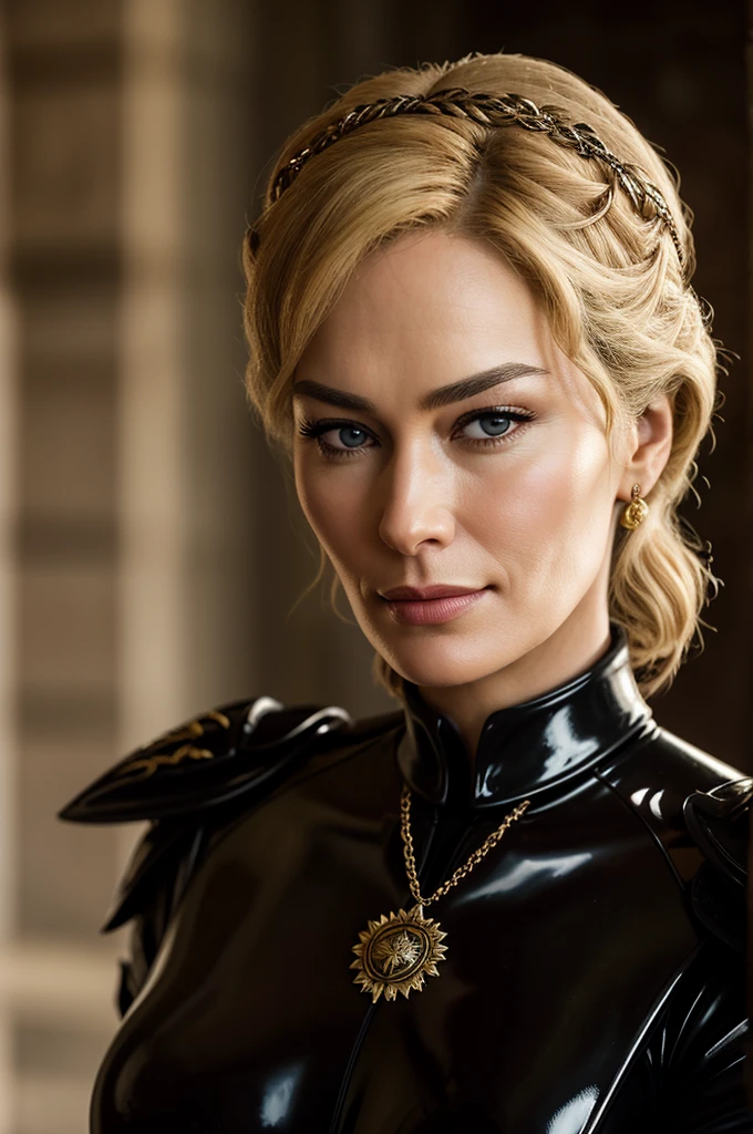 beautiful modern Cersei Lannister, supermodel, (latex fetish), intricate hairstyle, lascivious smirk, busty, detailed textures, sharp focus, ultra-high pixel detail, 16k RAW footage, masterpiece