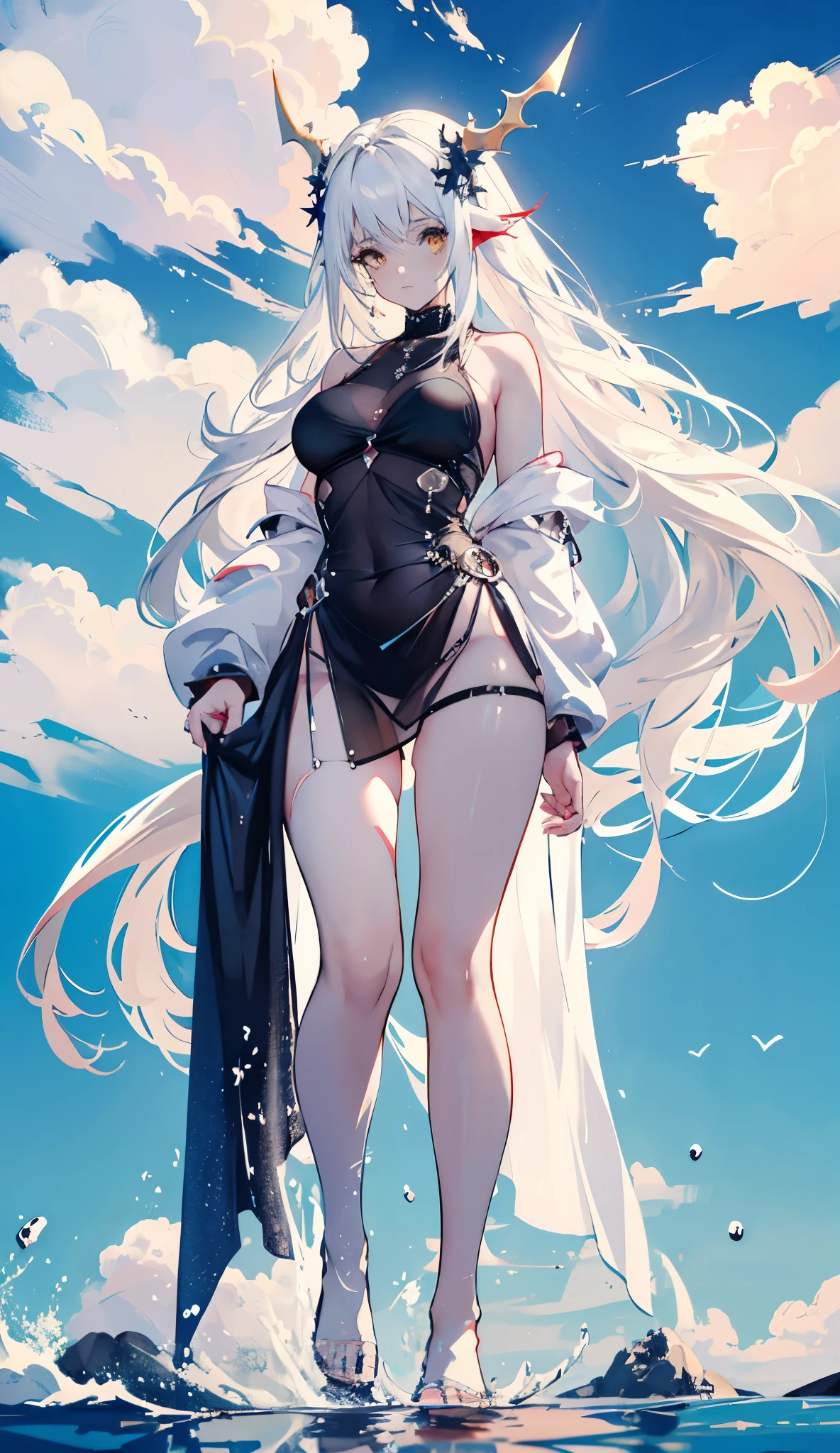 1girl, Alone, hair ornament, white hair, very long tail, long hair, basic dress, water movement a sua volta, The sea of blood on your feet, Red Sea, head up, hateful look, yellow eyes,  blue sky background with flowing clouds, medium round breasts, Thicc thighs , love lingerie