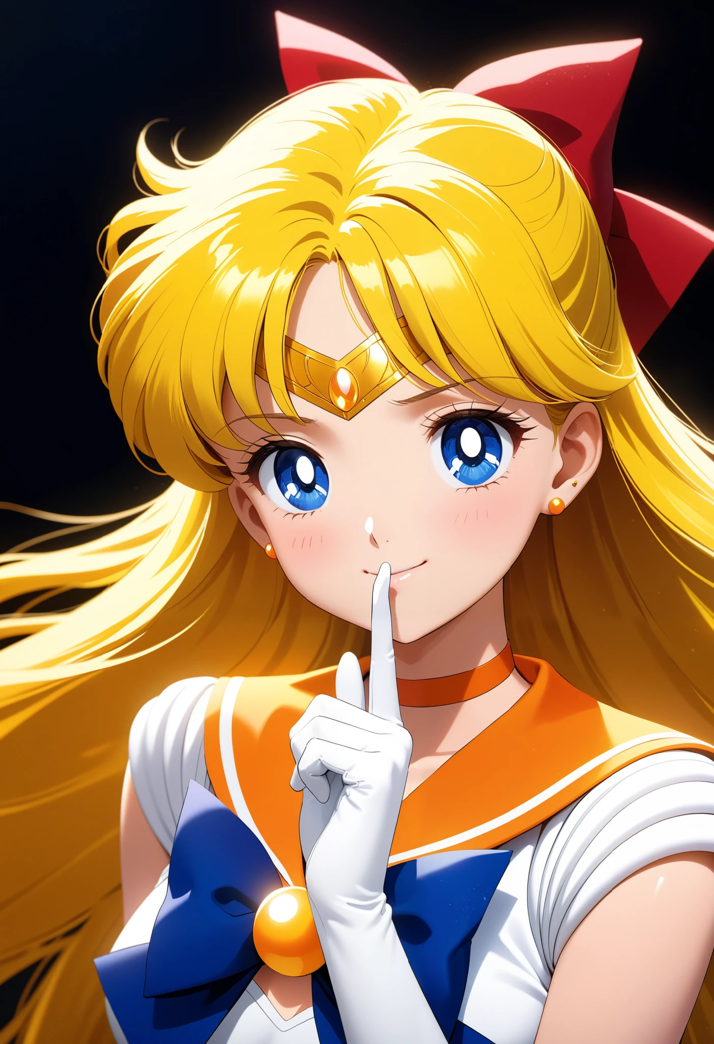 center (masterpiece, best quality, very aesthetic, ultra detailed), intriguing details, 4K, sexy smile, small breasts, aavenus, long hair, blonde hair, hair bow, tiara, earrings, blue eyes, orange choker, orange sailor collar, blue bow, white shirt, elbow gloves, white gloves, black night, simple background, shushing, close up, portraid