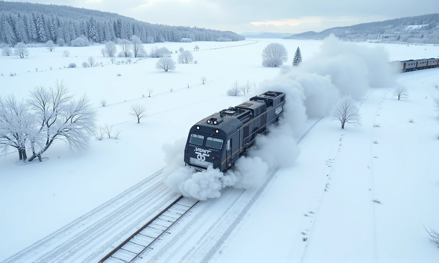 Bird's eye view. locomotive running from the upper right to the lower left in a silver world, all covered with snow. snow ruts only behind the locomotive. huge snow splash in front of locomotive. realistic. photorealistic.Snow shines reflecting the light. great focus on snow ruts.