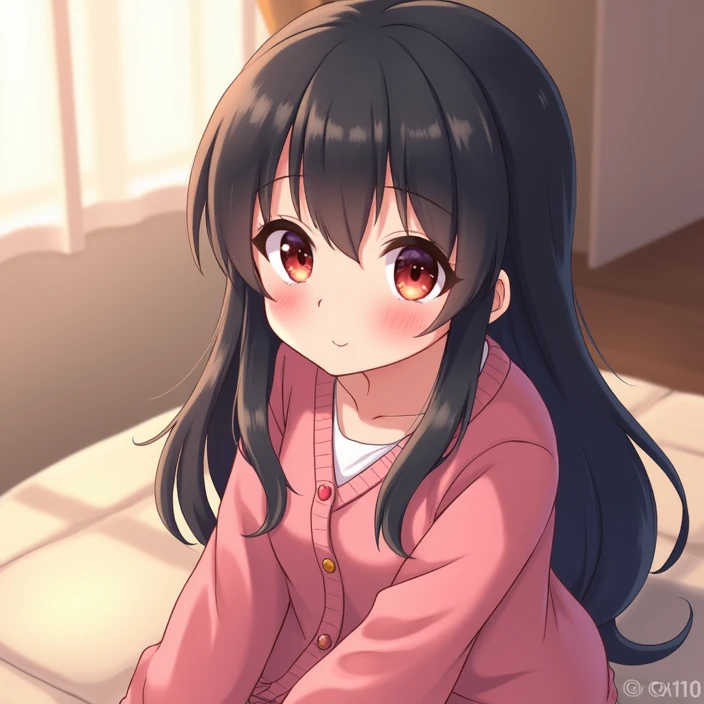 1 brunette girl, black, brunette skin, Kitten ears, long hair, black with fringe, pink clothes, room gamer