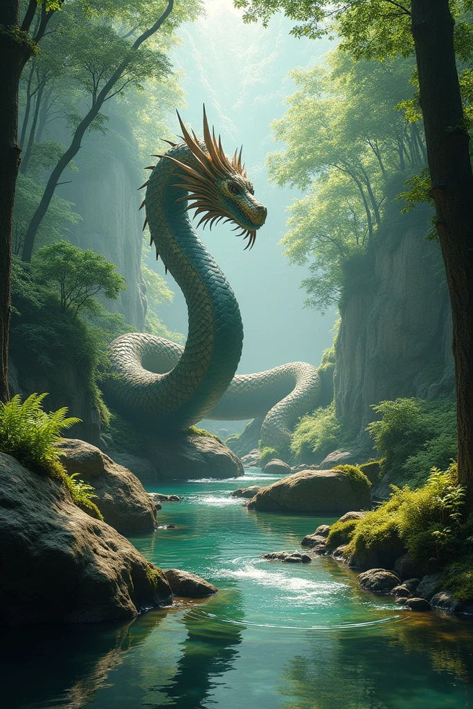 a giant dragon coiled around an apple tree, serpentine body, immortal creature, protecting golden apples, epic fantasy landscape, dramatic lighting, vibrant colors, hyperrealistic, 8k, award winning digital art