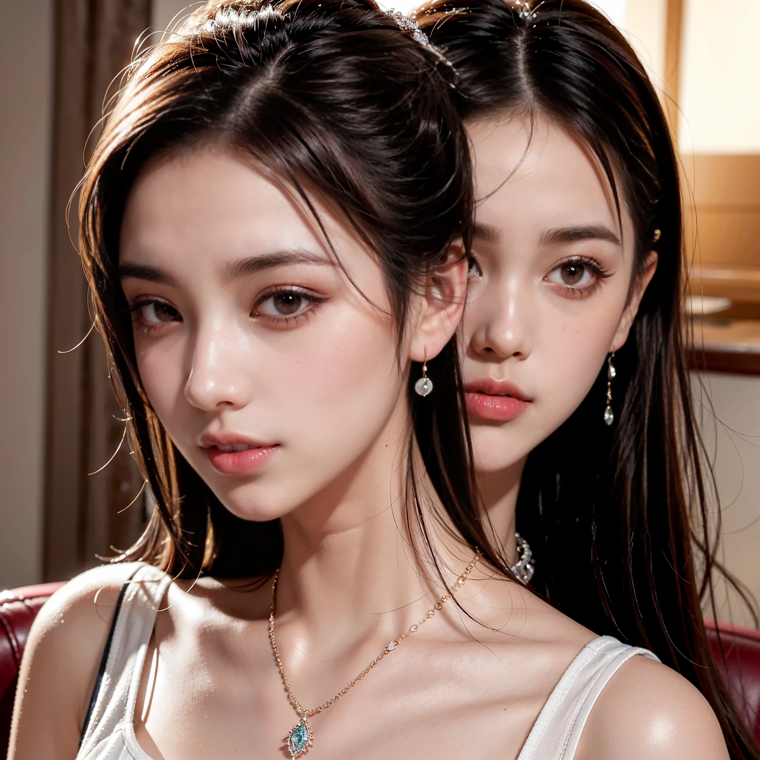 ((Top Quality, 8K, Masterpiece: 1.3)), (Intricate Detail), Perfect Detail Face, Detailed Eyes, Very Detailed, Blush, Hair Ornament, Lipstick, (Layered_necklaces:1.2), Detailed Background, Realistic Photo, Sharp Focus: 1.2, Perfect + Slender Style, ((Looking at the camera))), ((Cute smile with white teeth visible with mouth open) ), beautiful, beautiful, beautiful two sisters, famous in the world for sweating profusely, waist constriction, beautiful legs, taut skin, very detailed face and skin texture, detailed eyes, double eyelids, pale cheeks, healthy skin, (layered hairstyle, dark brown hair), ((Stewardess uniform: 1.52)))), (exposed chest), ((off-shoulder: 1.2)), (disheveled clothes and hair: 1.3)), ( Big: 1.8), (Natural breasts, Natural cleavage), (In an incredibly crowded plane)), from below, (Terribly happy look)), (Seductive appearance: 1.5)