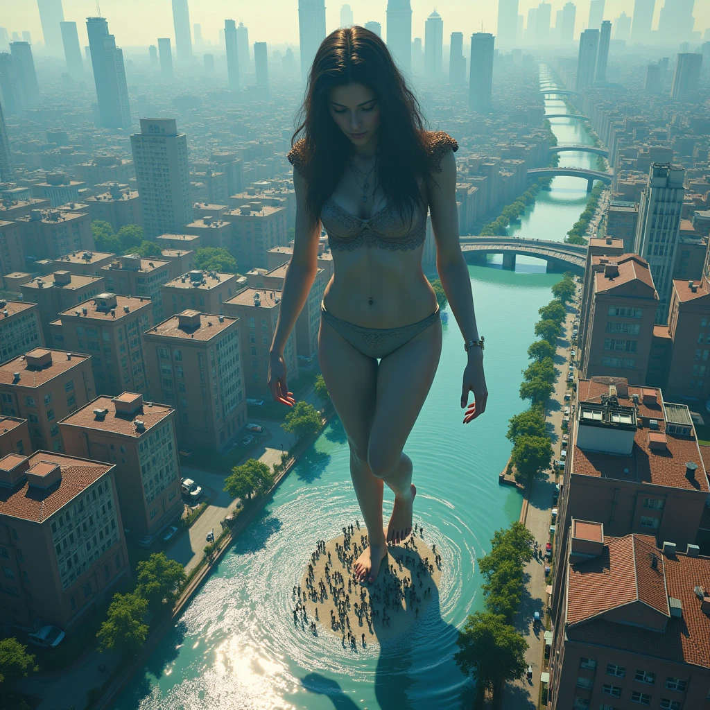 fantastic realism,The female giant bravely enters the Lilliputian country,高度Detailed footage of the giantess,Detailed footage of the giantess,giantess art,,Short sleeve,(((many villains,at work)))