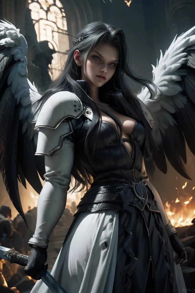 a woman in armor holding a sword and a sword, angel knight gothic girl, villainess has black angel wings, detailed fantasy art, angel knight girl, epic fantasy art style hd, 4k fantasy art, dark armor, stunning armor, hd fantasy art, deathknight, 8k fantasy art, highly detailed fantasy art, wow 4 k detail fantasy, dark angel