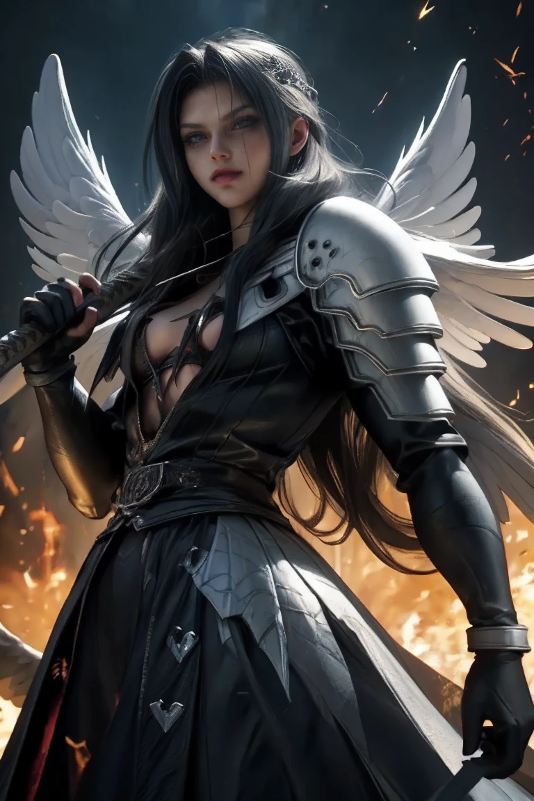 a woman in armor holding a sword and a sword, angel knight gothic girl, villainess has black angel wings, detailed fantasy art, angel knight girl, epic fantasy art style hd, 4k fantasy art, dark armor, stunning armor, hd fantasy art, deathknight, 8k fantasy art, highly detailed fantasy art, wow 4 k detail fantasy, dark angel