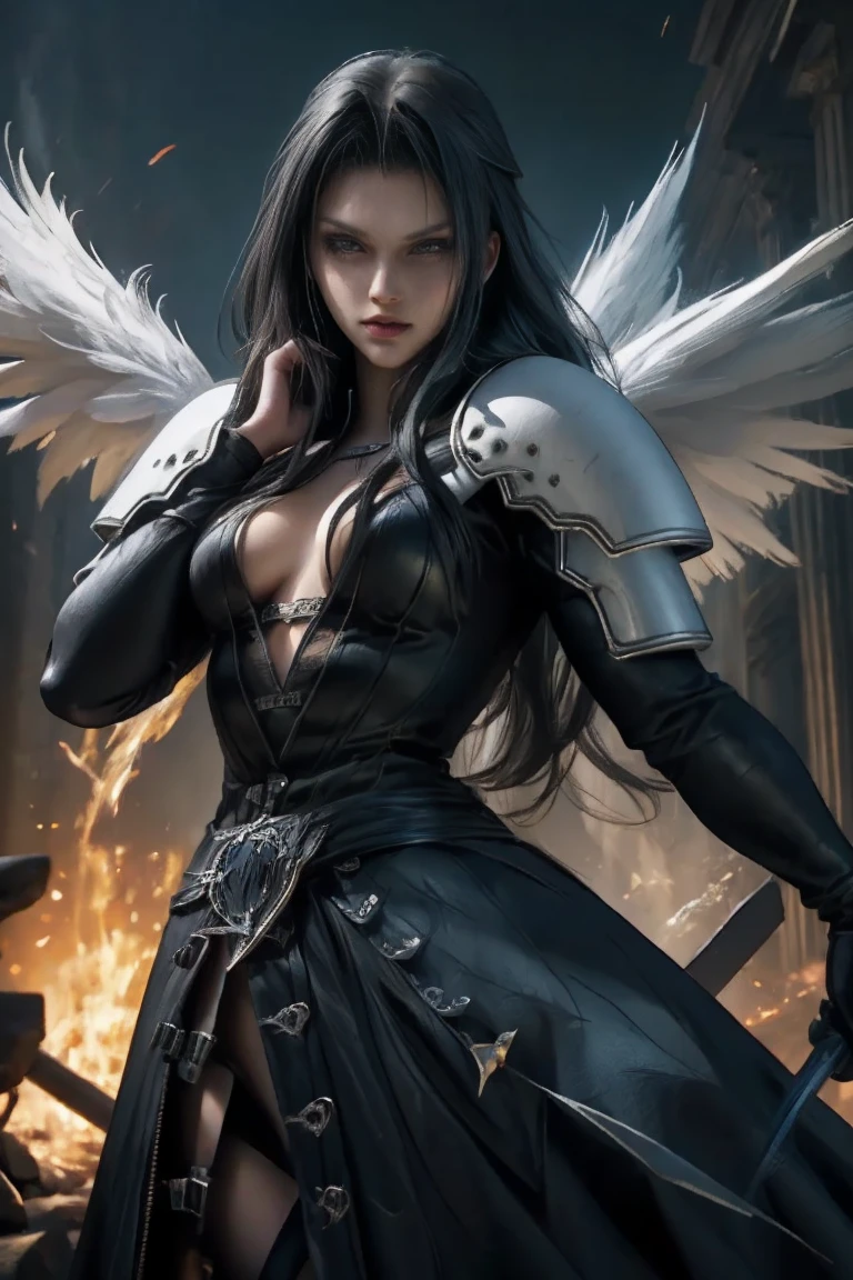 a woman in armor holding a sword and a sword, angel knight gothic girl, villainess has black angel wings, detailed fantasy art, angel knight girl, epic fantasy art style hd, 4k fantasy art, dark armor, stunning armor, hd fantasy art, deathknight, 8k fantasy art, highly detailed fantasy art, wow 4 k detail fantasy, dark angel