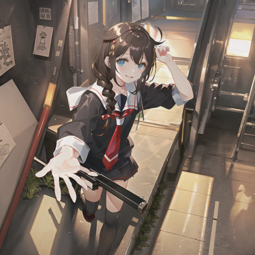  	ultra-detailed painting, highres, very awa, absurdres, very aesthetic, masterpiece, best quality, newest, year 2024, year 2023, itomugi-kun, shigure \(kancolle\), kantai collection, kind_smile, posing, reaching, game cg, artbook, photo, in winter, city, full_shot, cinematic_angle, wacca005