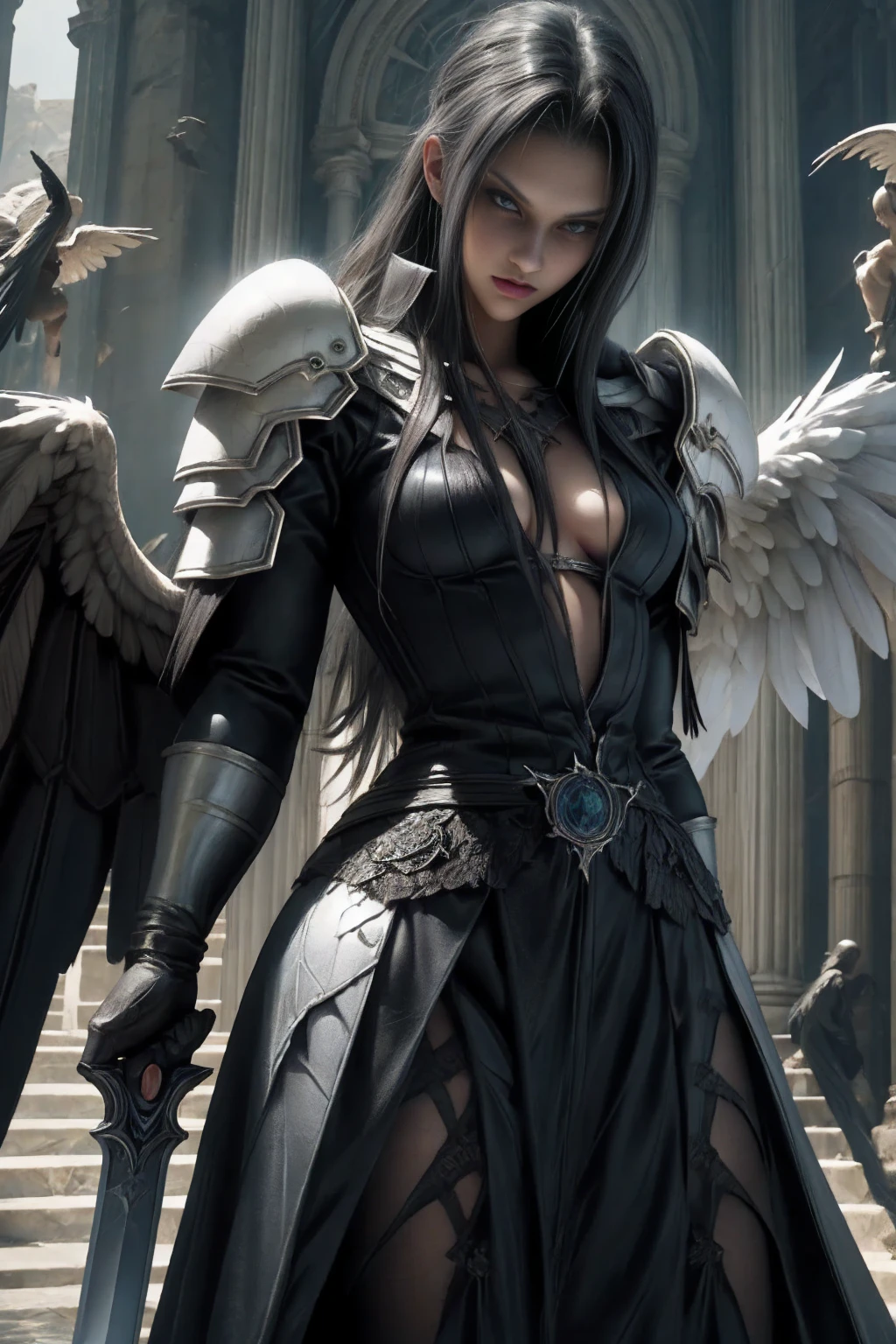 a woman in armor holding a sword and a sword, angel knight gothic girl, villainess has black angel wings, detailed fantasy art, angel knight girl, epic fantasy art style hd, 4k fantasy art, dark armor, stunning armor, hd fantasy art, deathknight, 8k fantasy art, highly detailed fantasy art, wow 4 k detail fantasy, dark angel