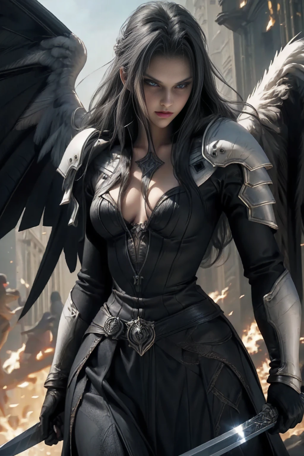 a woman in armor holding a sword and a sword, angel knight gothic girl, villainess has black angel wings, detailed fantasy art, angel knight girl, epic fantasy art style hd, 4k fantasy art, dark armor, stunning armor, hd fantasy art, deathknight, 8k fantasy art, highly detailed fantasy art, wow 4 k detail fantasy, dark angel