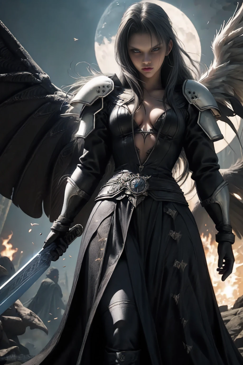 a woman in armor holding a sword and a sword, angel knight gothic girl, villainess has black angel wings, detailed fantasy art, angel knight girl, epic fantasy art style hd, 4k fantasy art, dark armor, stunning armor, hd fantasy art, deathknight, 8k fantasy art, highly detailed fantasy art, wow 4 k detail fantasy, dark angel