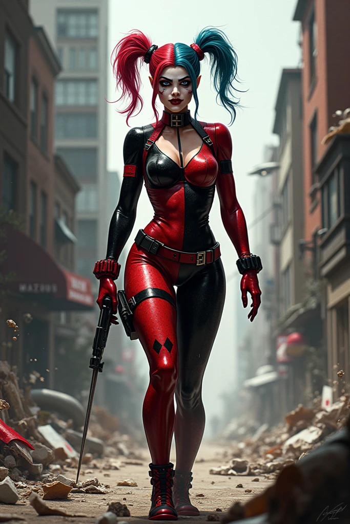 movie scene, a masterpiece ((apocalyptic harley quinn girl))), slender body with large breasts, breasts down, firm breasts, walking with a giant destroyed robot behind, full body, Kim Jung gi, freedom, soul, digital illustration, sci-fi, perfect anatomy whole body, centered, approaching perfection, dynamic, highly detailed, watercolor painting, art station, concept art, smooth, sharp focus, illustration, art by Carne Griffiths and Wadim Kashin, unique, award-winning, masterpiece