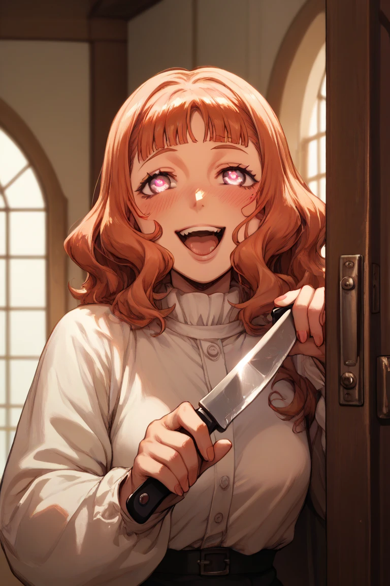  Yandere Mimosa Vermillon broking through a door with an axe, facing the camera, Yandere smile, laughing, holding a big knife, heart shaped pupils