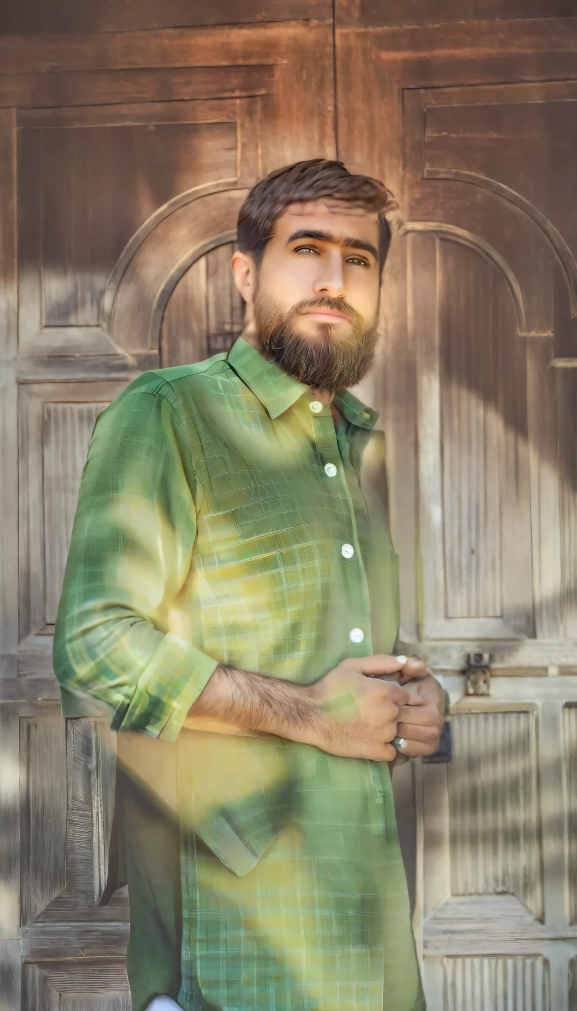 A European man with a beard and a watch on his wrist., Attractive Man, handsome and attractive, handsome male , Attractive Man, attractive and handsome face , handsome man, male and handsome, Beautiful face, perfect Beautiful face, Beautiful face and beautiful face, Wearing a watch, Handsome young man, extremely handsome, very Attractive Man with beard, good looking, attractive and handsome, modern haircut sexy pose , Anatomically Correct, sepiated photograph , light green shirt