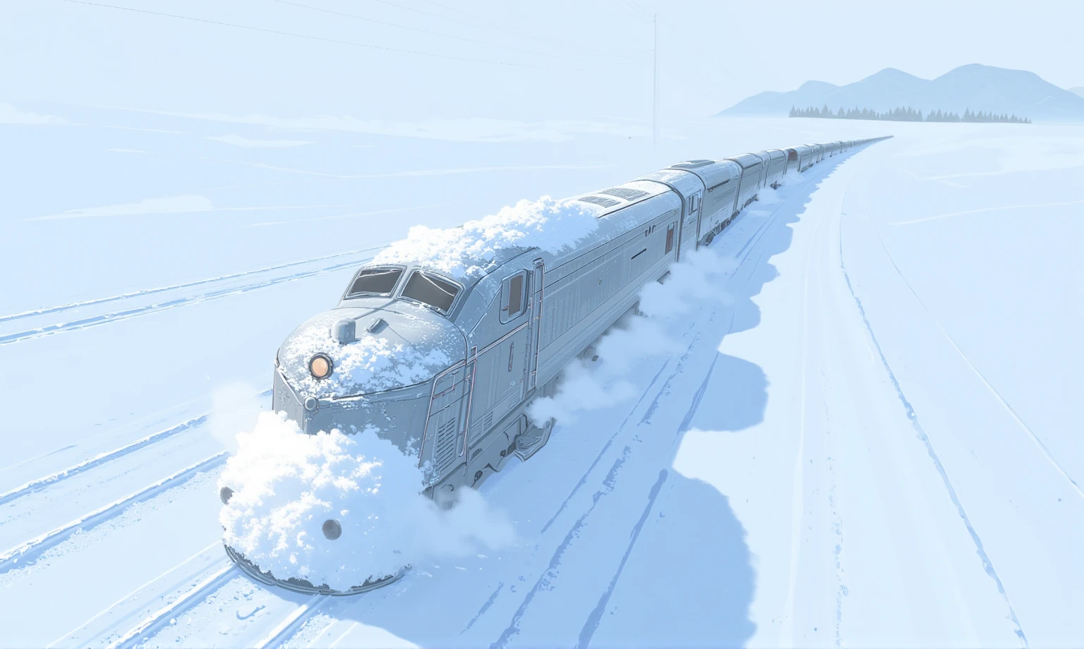 Bird's eye view. locomotive running from the upper right to the lower left in a silver world, all covered with snow. snow ruts only behind the locomotive. huge snow splash in front of locomotive. realistic. photorealistic.Snow shines reflecting the light. great focus on snow ruts.