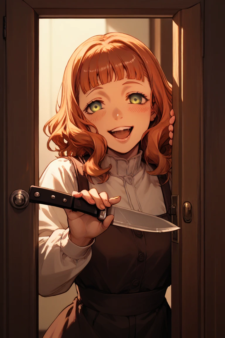  Yandere Mimosa Vermillon broking through a door, looking at the camera, Yandere smile, laughing, playing with a big knife, 