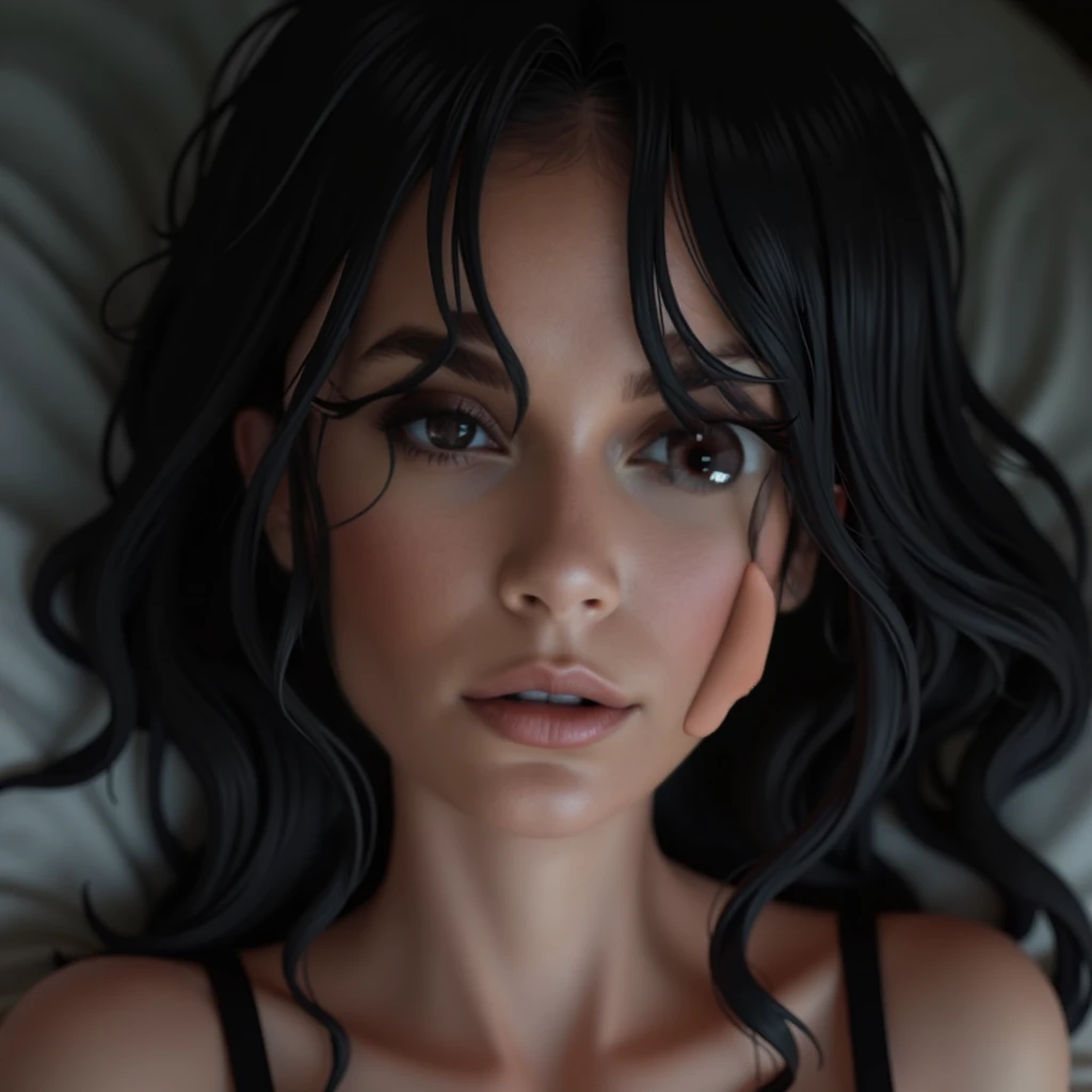 woman with black hair, grey-eyed, Caucasian skin, lying surrounded, grunge style, bangss, small eyes, Bela , 8k, white wigs,sunset, 2000s, toned full body, Lying