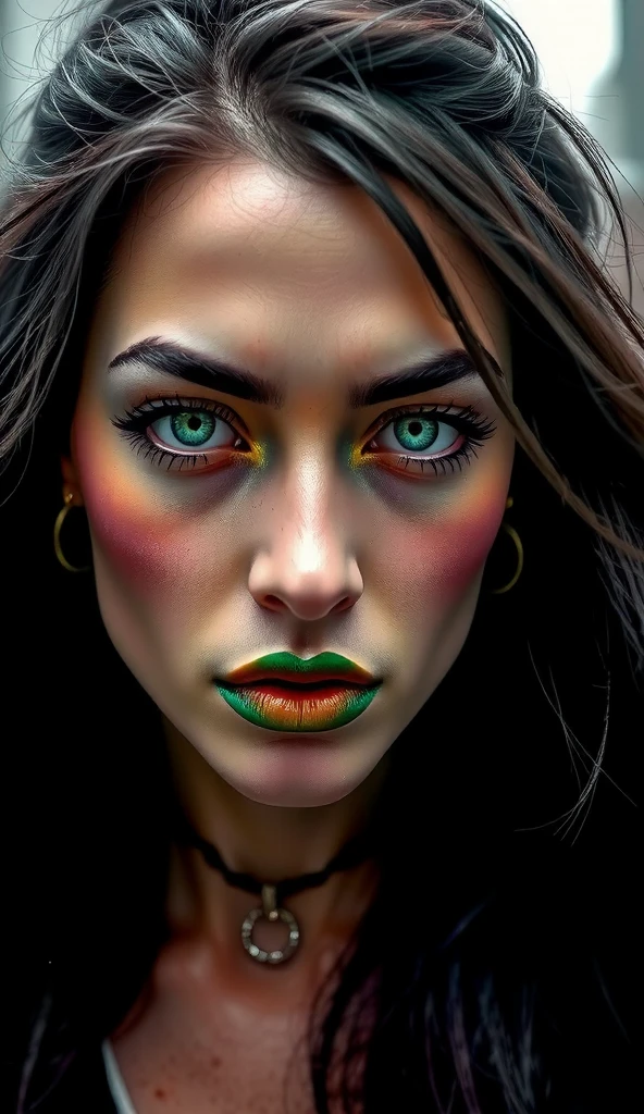  40-year-old woman, black hair, long,  green eyes , focados, green lips, scar. 